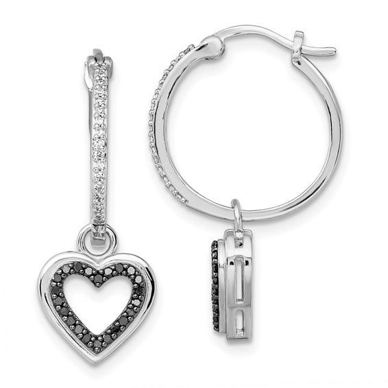 Amour Hoops in rhodium-plated sterling silver with white diamonds and black diamond heart charm.