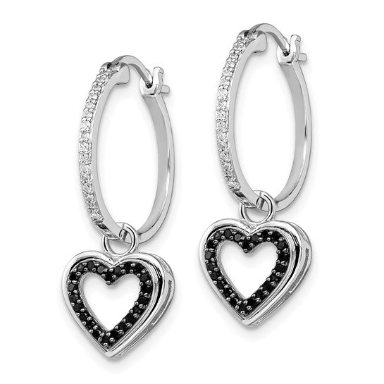 Amour Hoops in rhodium-plated sterling silver with white diamonds and black diamond heart charm.