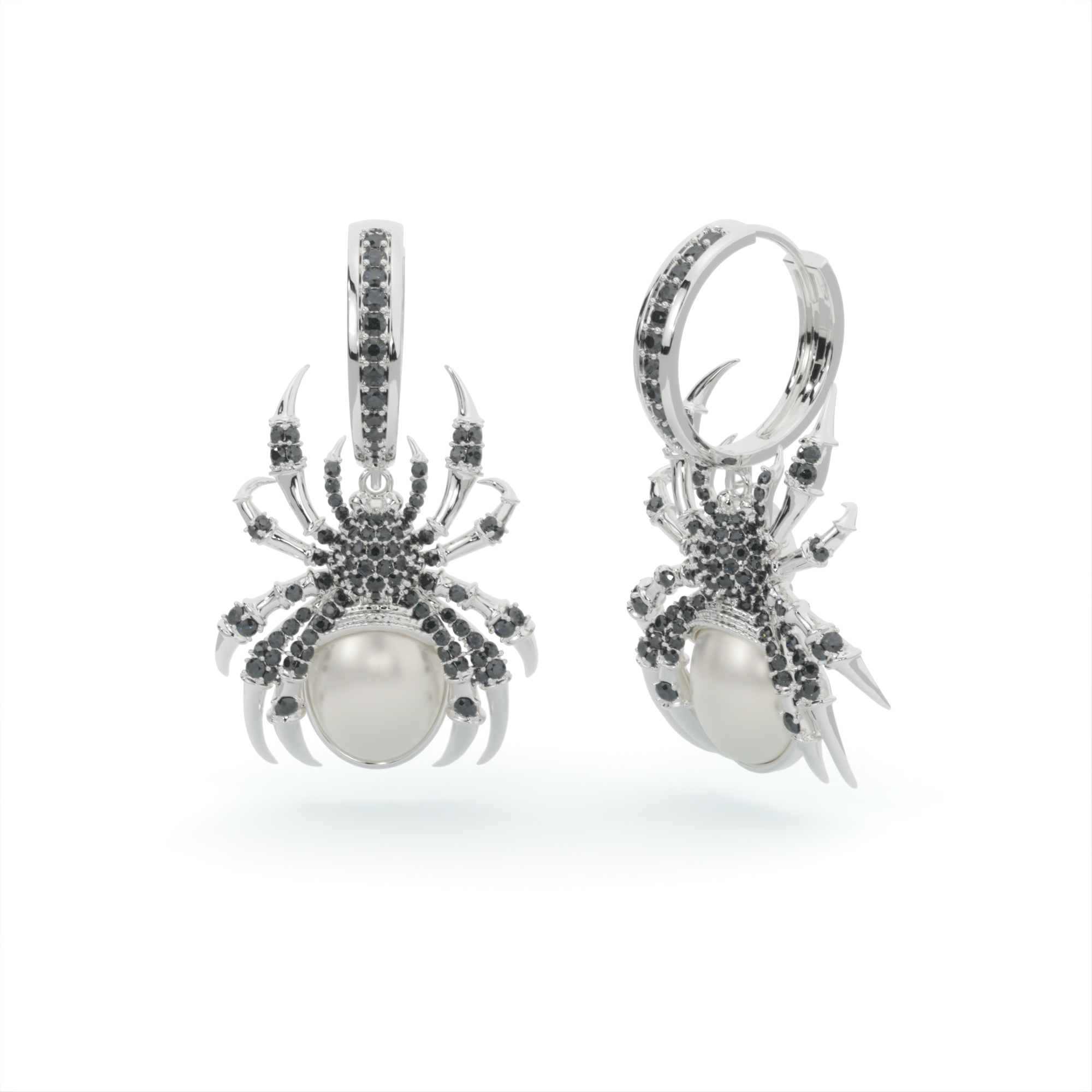 14k white gold spider earrings with pearl and black diamonds, Arachnid's Allure Earrings