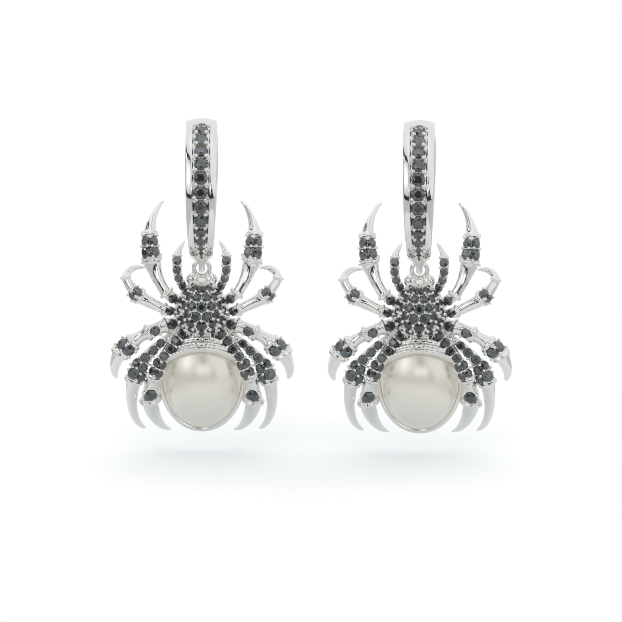 14k white gold spider earrings with pearl and black diamonds, Arachnid's Allure Earrings