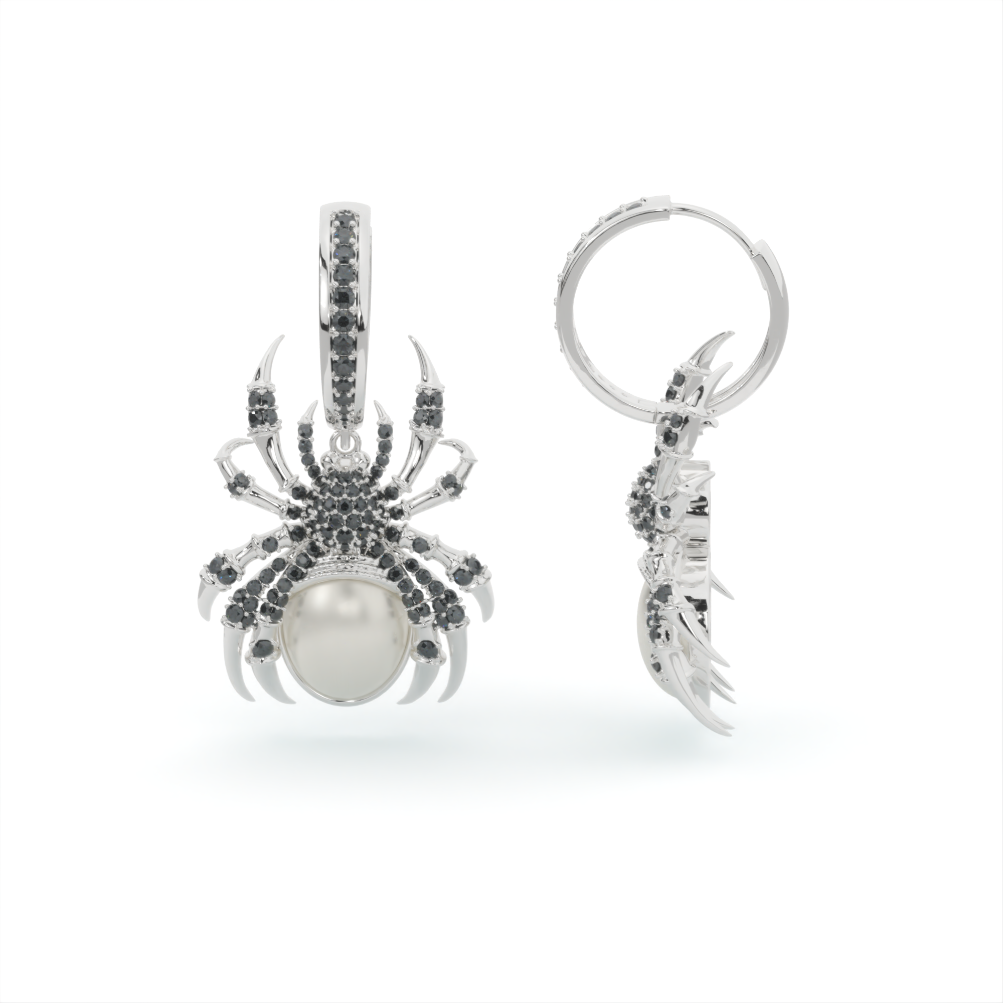 14k white gold spider earrings with pearl and black diamonds, Arachnid's Allure Earrings