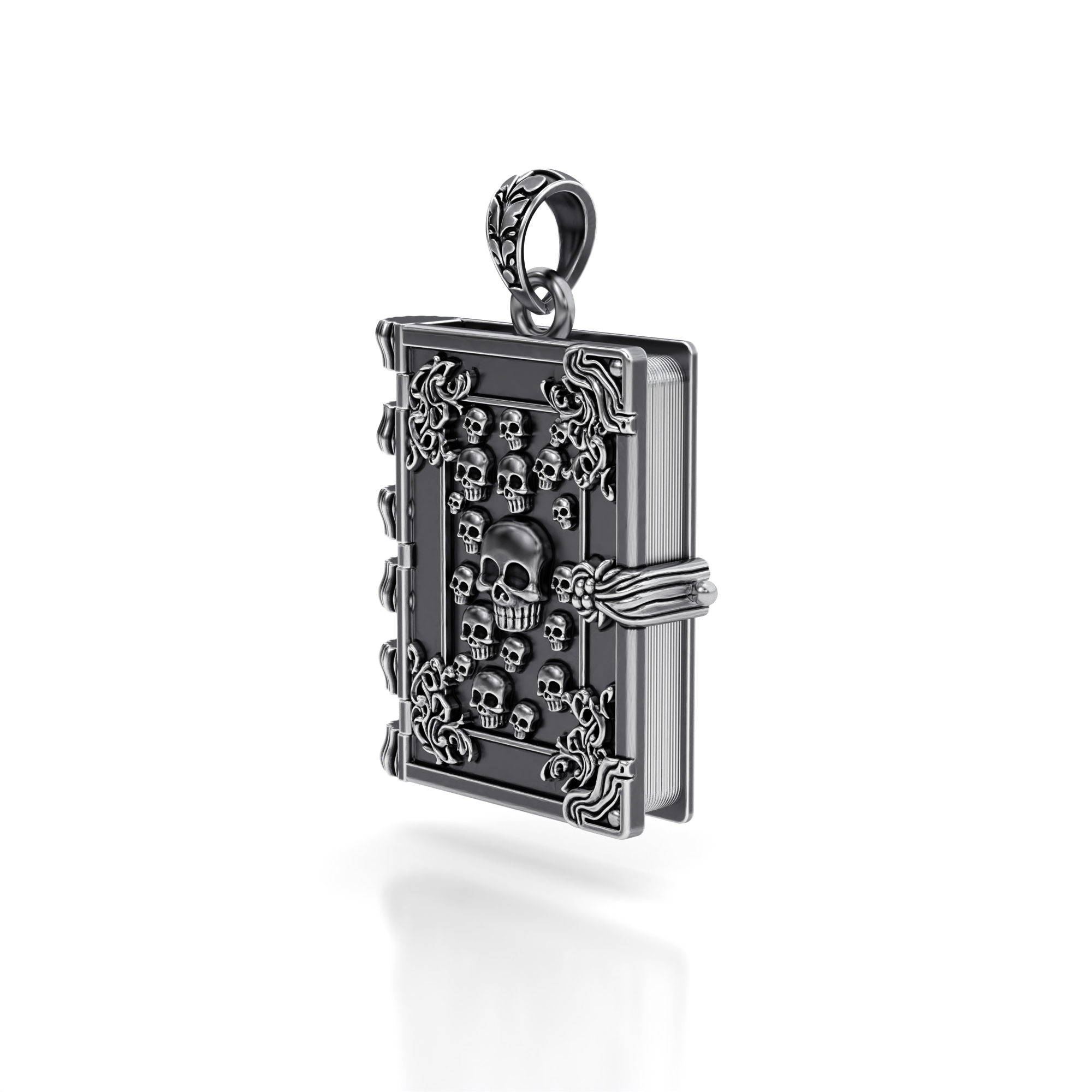 Arcane Book Locket Pendant crafted from blackened sterling silver with skull and filigree details