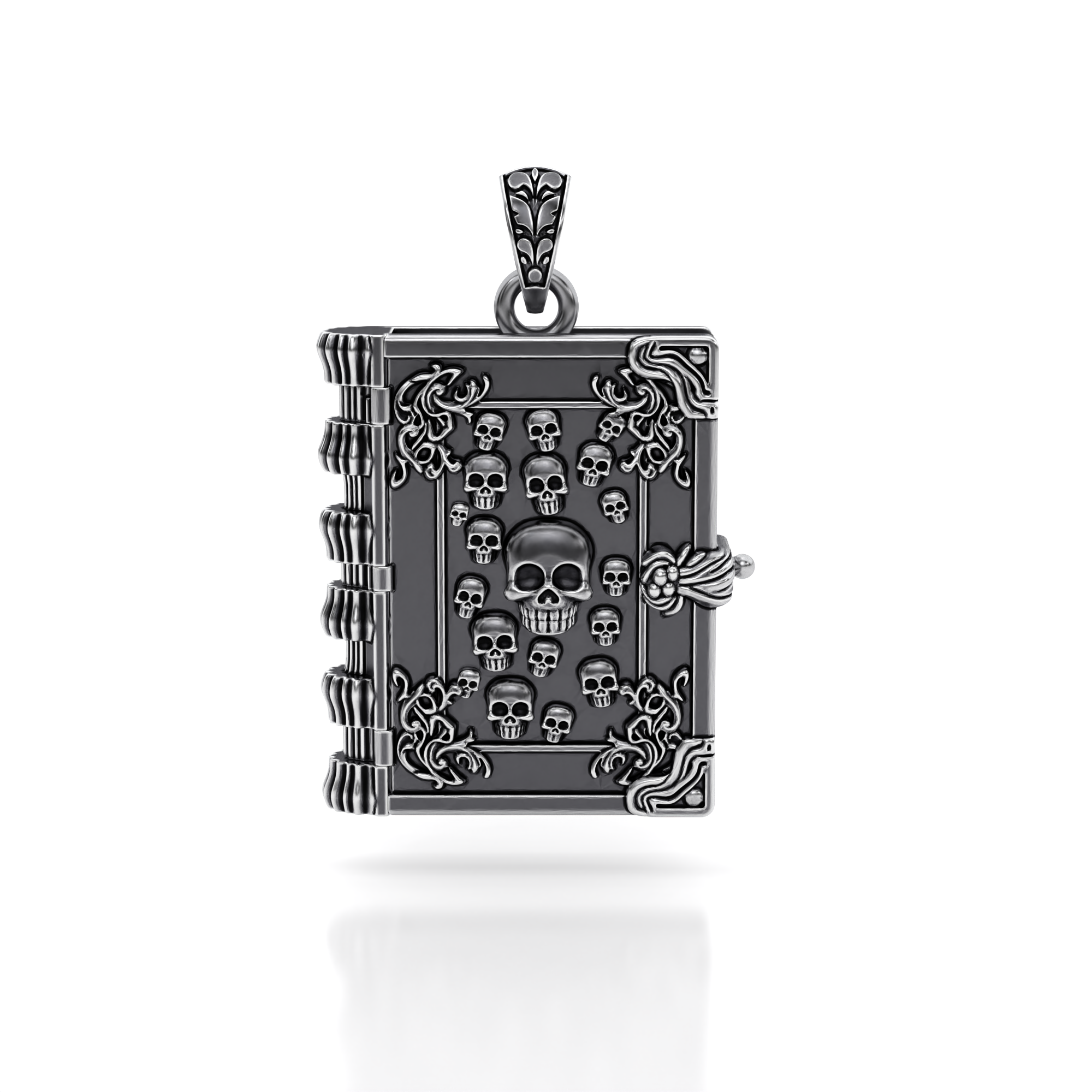 Arcane Book Locket Pendant crafted from blackened sterling silver with skull and filigree details