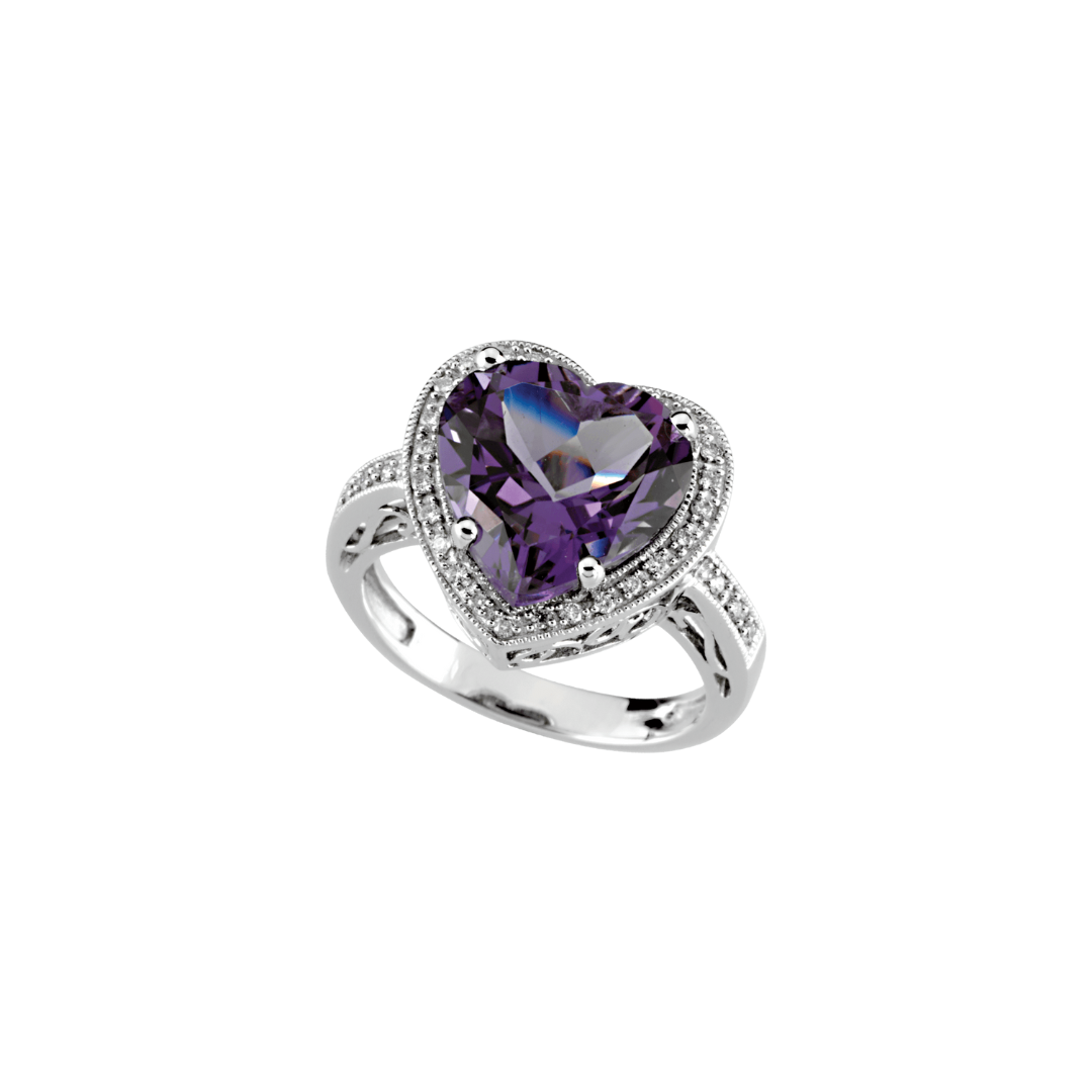 14k white gold ring with heart-shaped amethyst and diamond halo, Aurora Ring