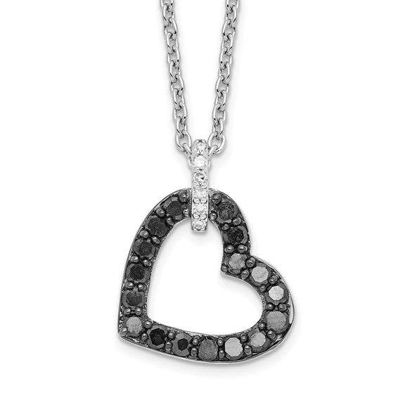 Polished sterling silver heart shaped pendant with pavé set black diamonds and white diamond studded bail on a sleek silver chain