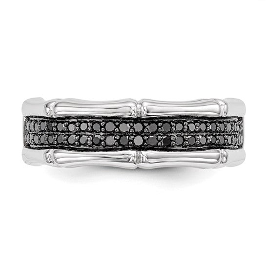 Polished sterling silver men's ring with bone shaped details and two rows of pavé set black diamonds