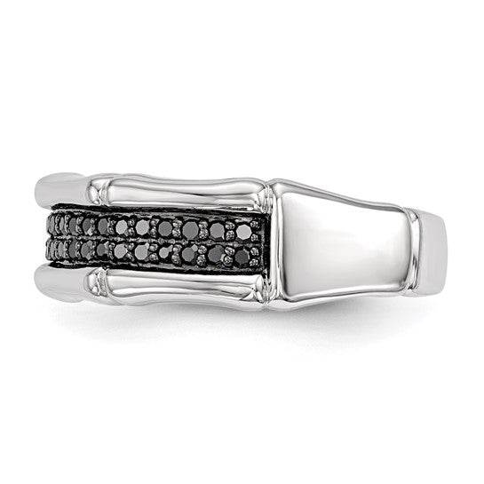 Polished sterling silver men's ring with bone shaped details and two rows of pavé set black diamonds