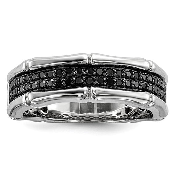 Polished sterling silver men's ring with bone shaped details and two rows of pavé set black diamonds