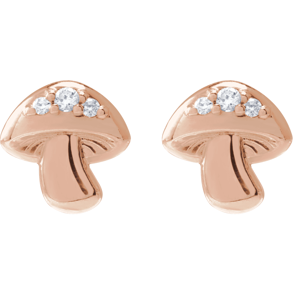 14k rose gold mushroom-shaped stud earrings with round white diamonds