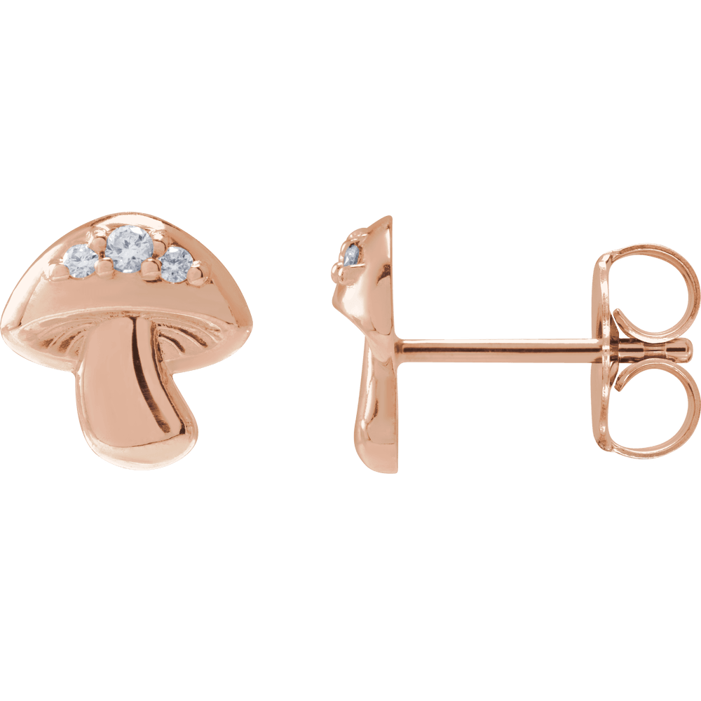 14k rose gold mushroom-shaped stud earrings with round white diamonds