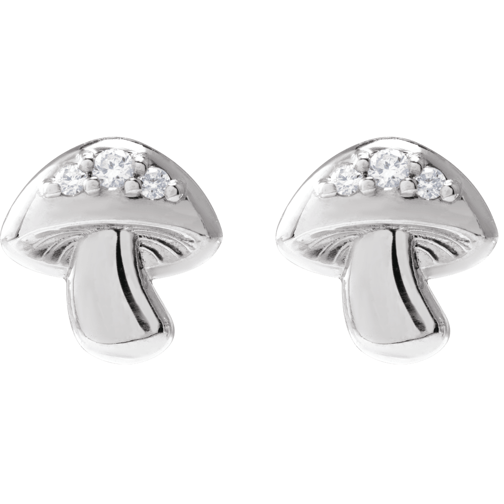 14k white gold mushroom-shaped stud earrings with round white diamonds