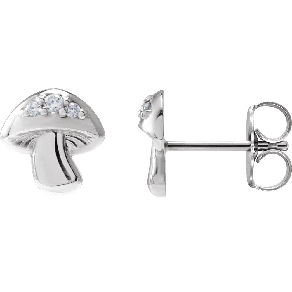 14k white gold mushroom-shaped stud earrings with round white diamonds