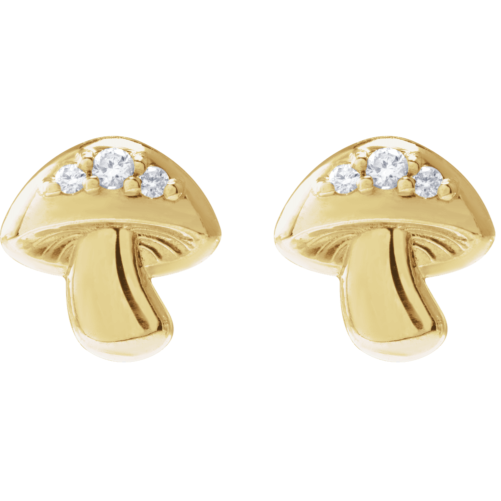 14k yellow gold mushroom-shaped stud earrings with round white diamonds