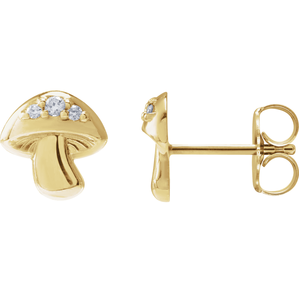 14k yellow gold mushroom-shaped stud earrings with round white diamonds