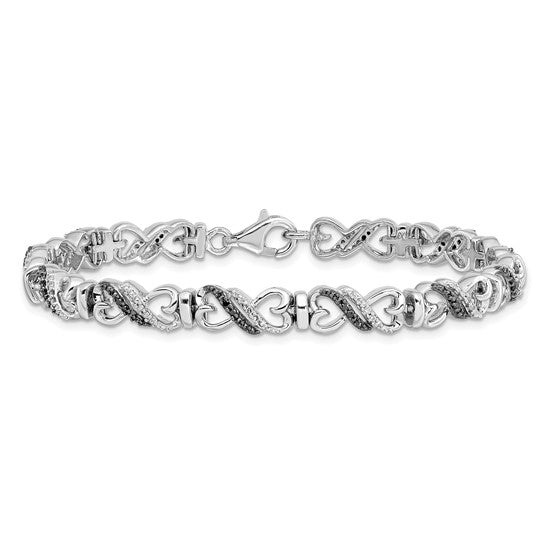 Entangled Hearts Bracelet in rhodium-plated sterling silver with black and white diamonds, featuring interlocking heart links