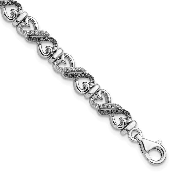 Entangled Hearts Bracelet in rhodium-plated sterling silver with black and white diamonds, featuring interlocking heart links