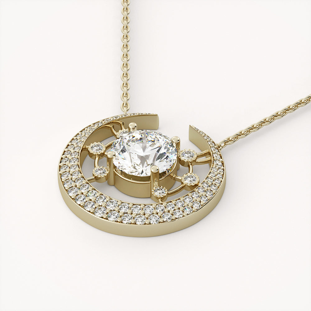 14k yellow gold Galaxy Necklace with central diamond and crescent moon design