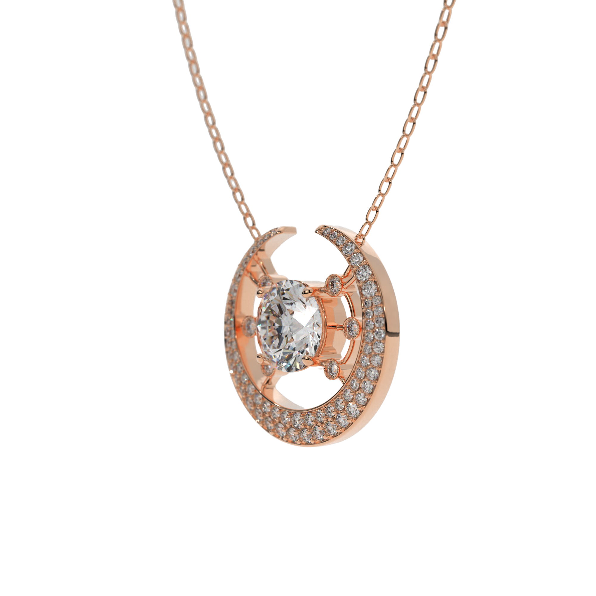 14k rose gold Galaxy Necklace with central diamond and crescent moon design