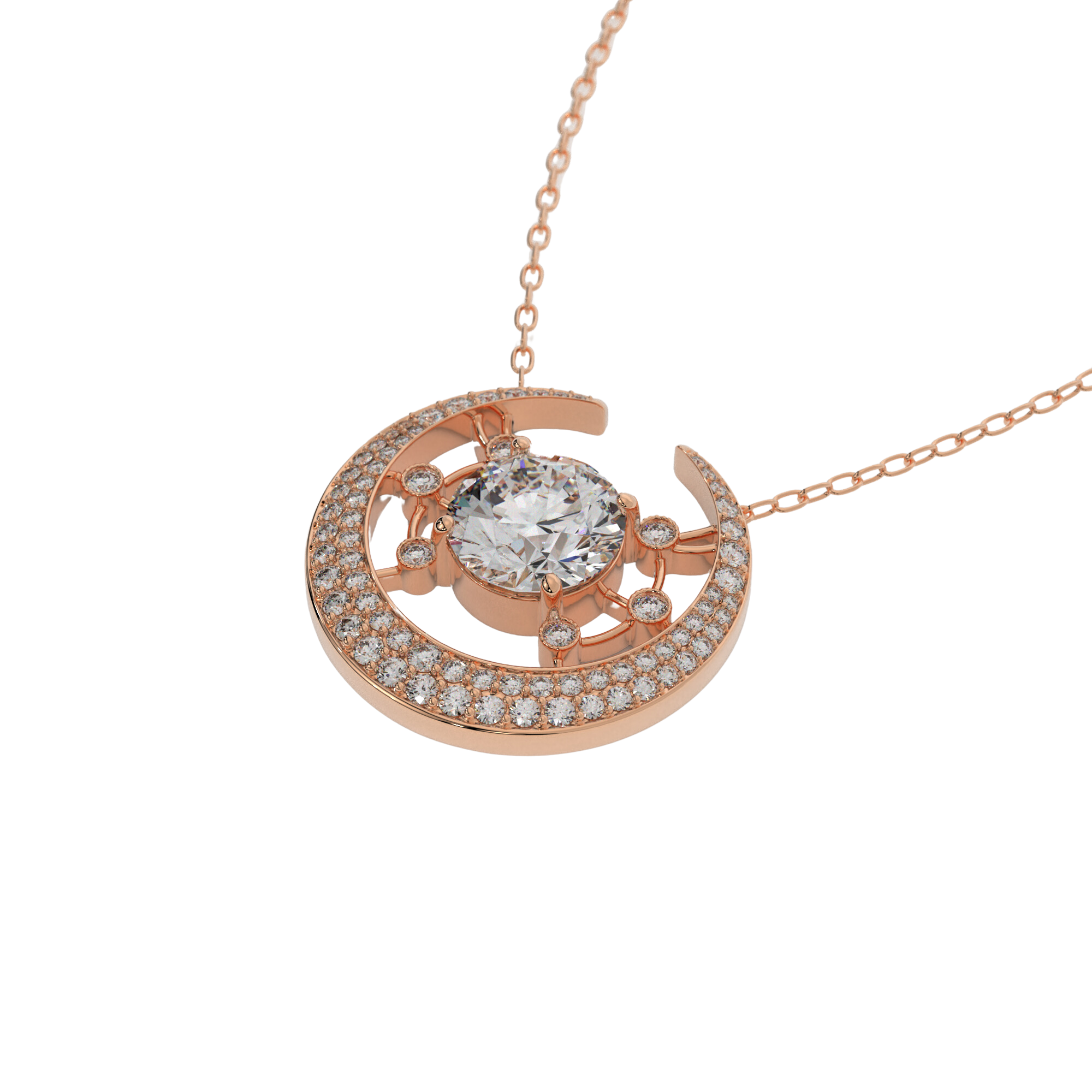 14k rose gold Galaxy Necklace with central diamond and crescent moon design