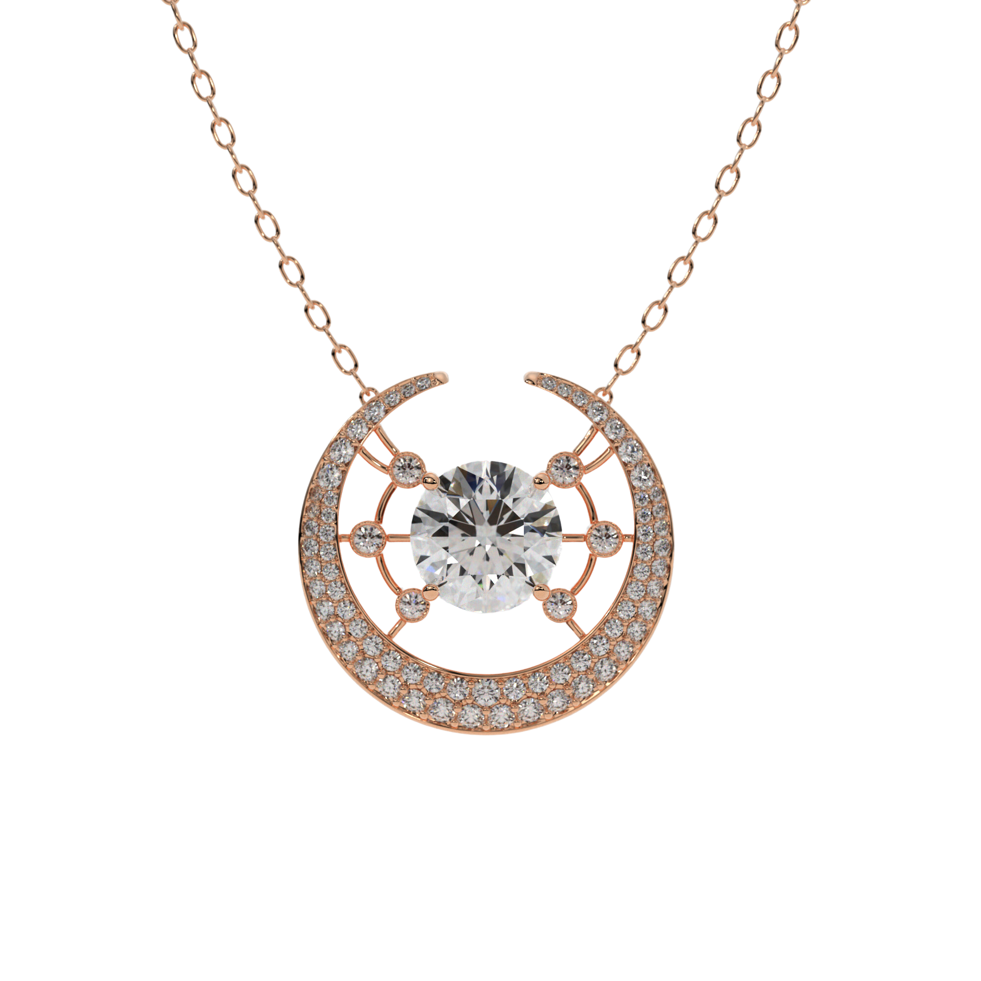 14k rose gold Galaxy Necklace with central diamond and crescent moon design