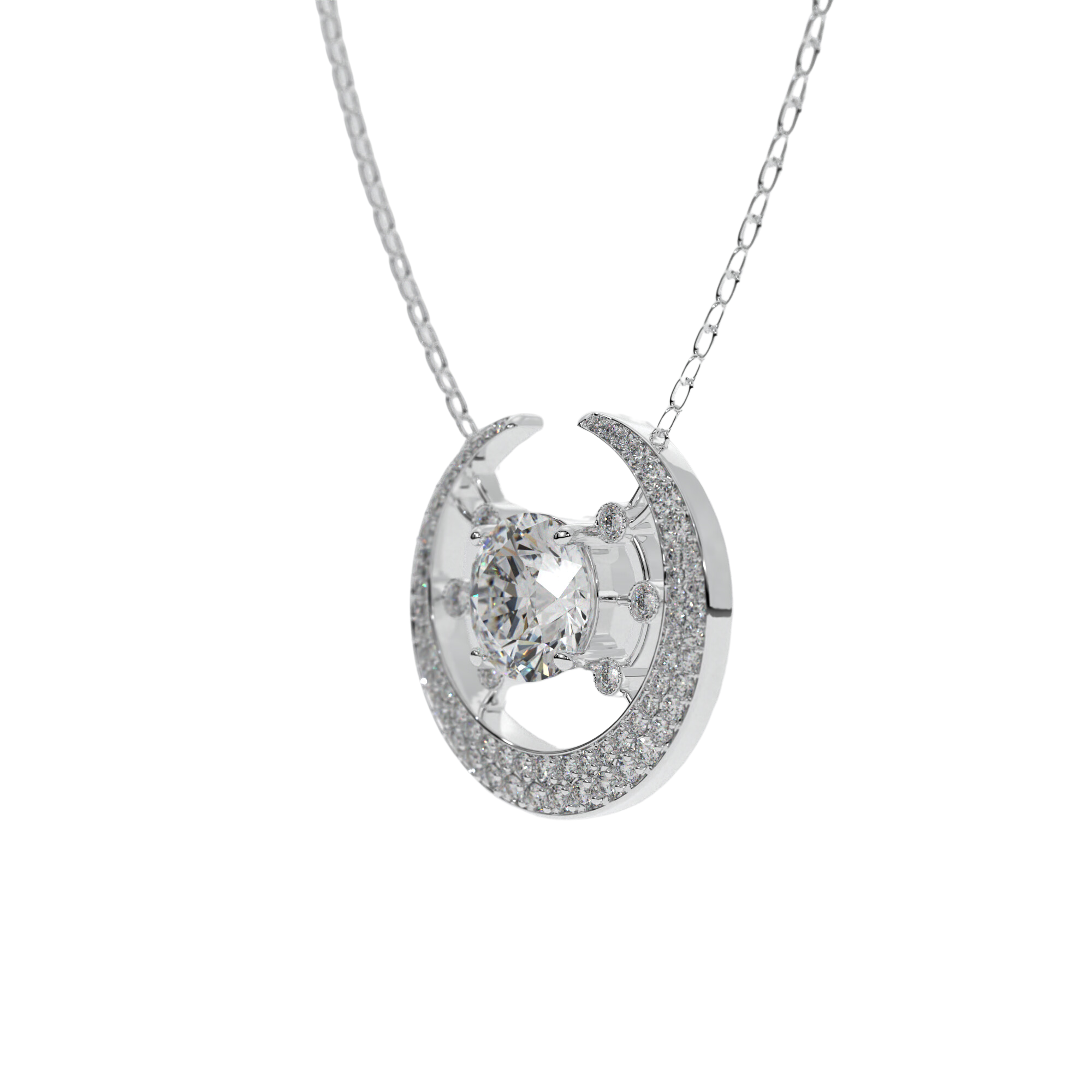 14k white gold Galaxy Necklace with central diamond and crescent moon design