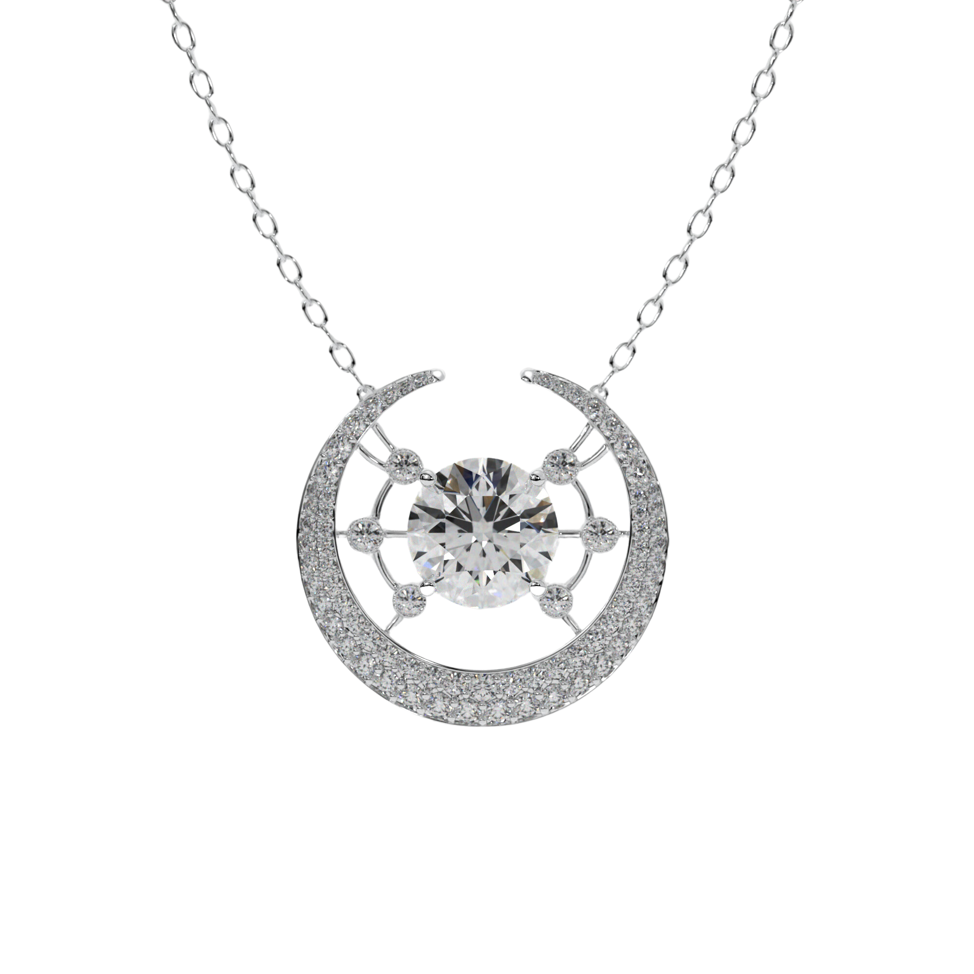 14k white gold Galaxy Necklace with central diamond and crescent moon design