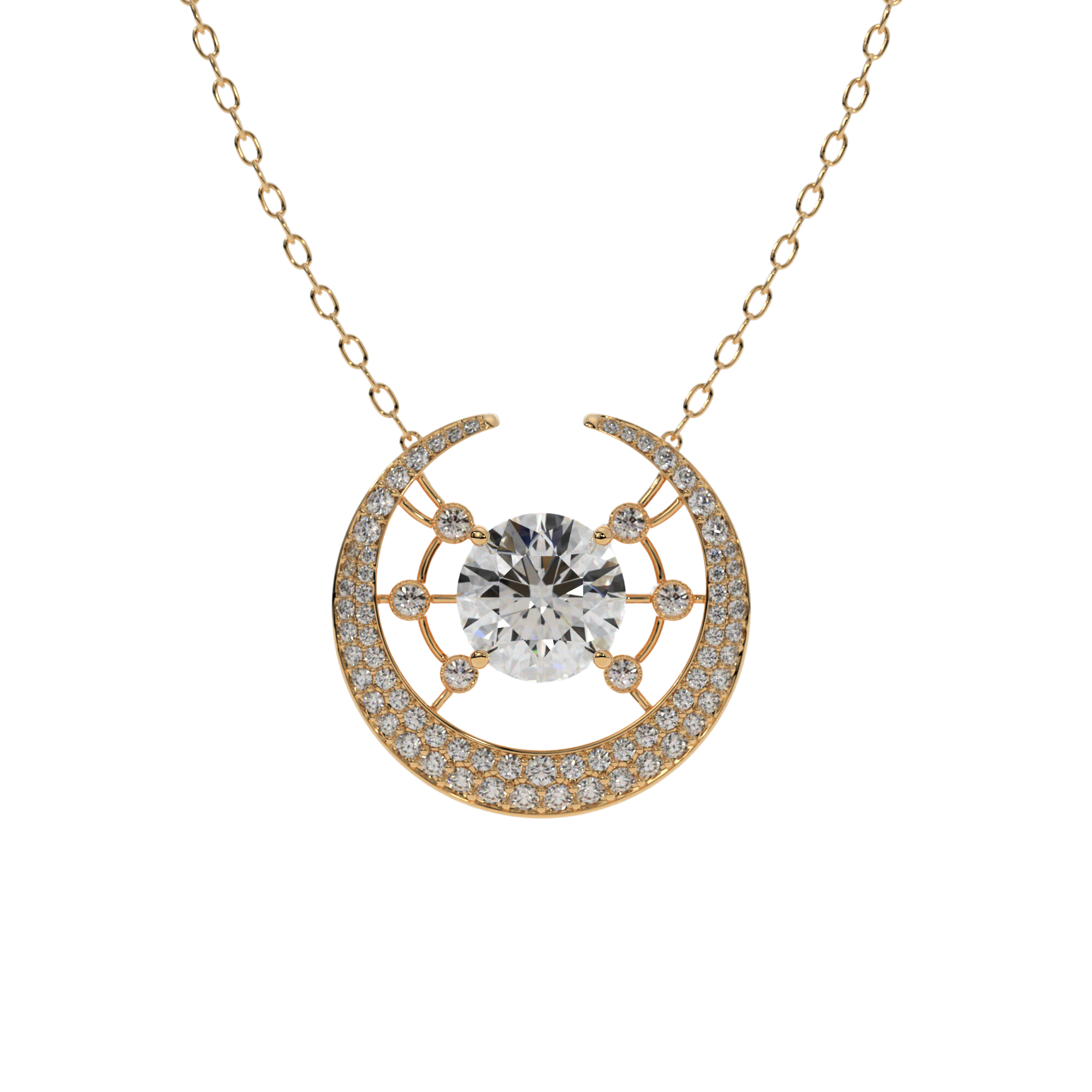 14k yellow gold Galaxy Necklace with central diamond and crescent moon design