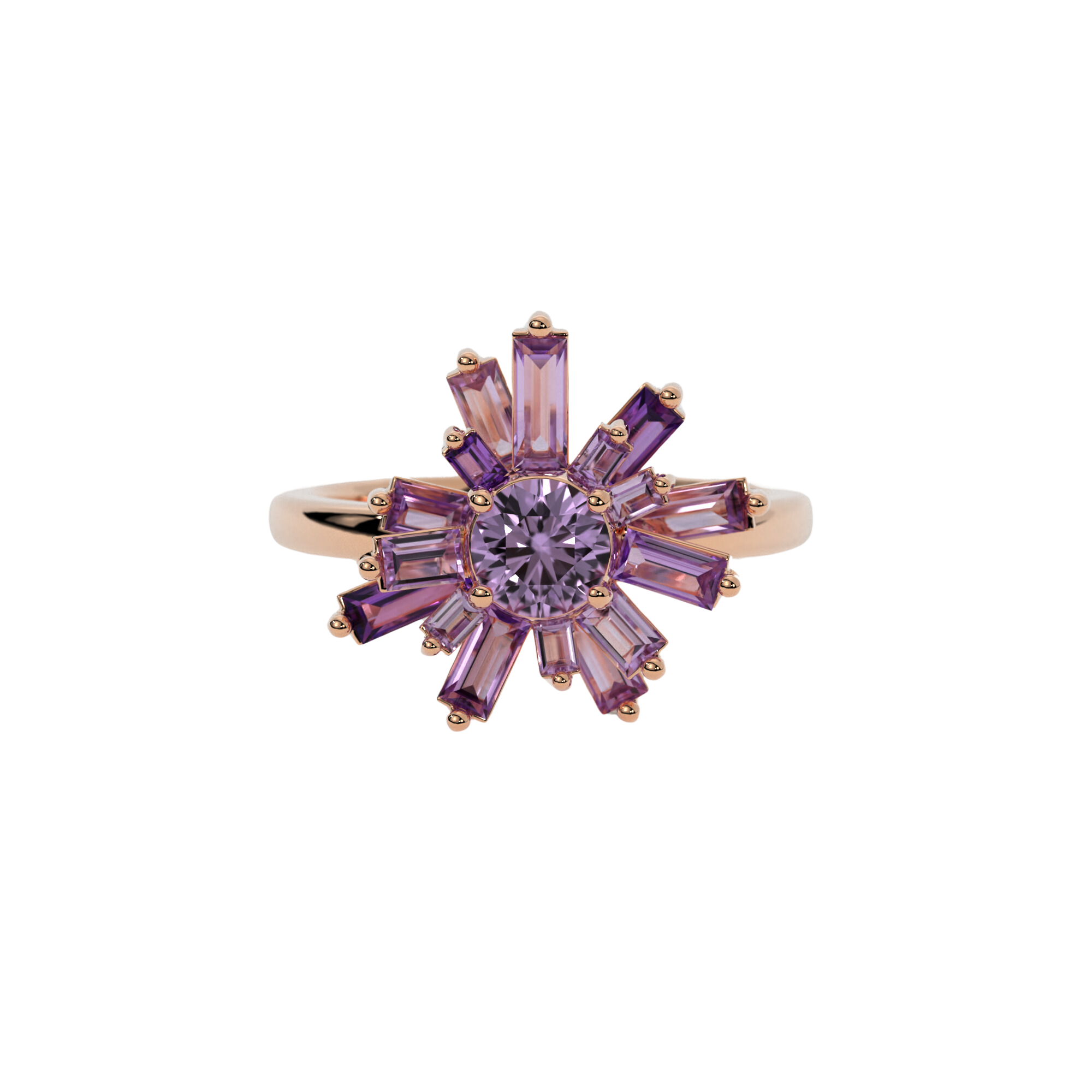 Geode Ring in 14k rose gold with amethyst stones, inspired by nature, crystal shards, and geodes