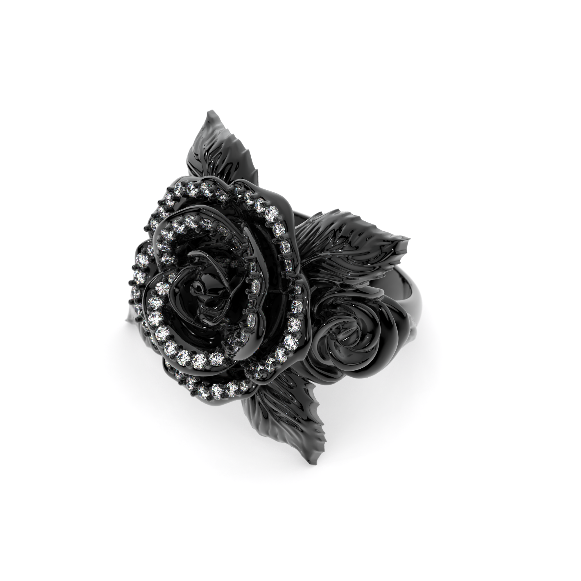 Gothic Rose Ring in black rhodium-plated sterling silver with lab white diamonds, featuring a sculpted black rose and intricate carvings