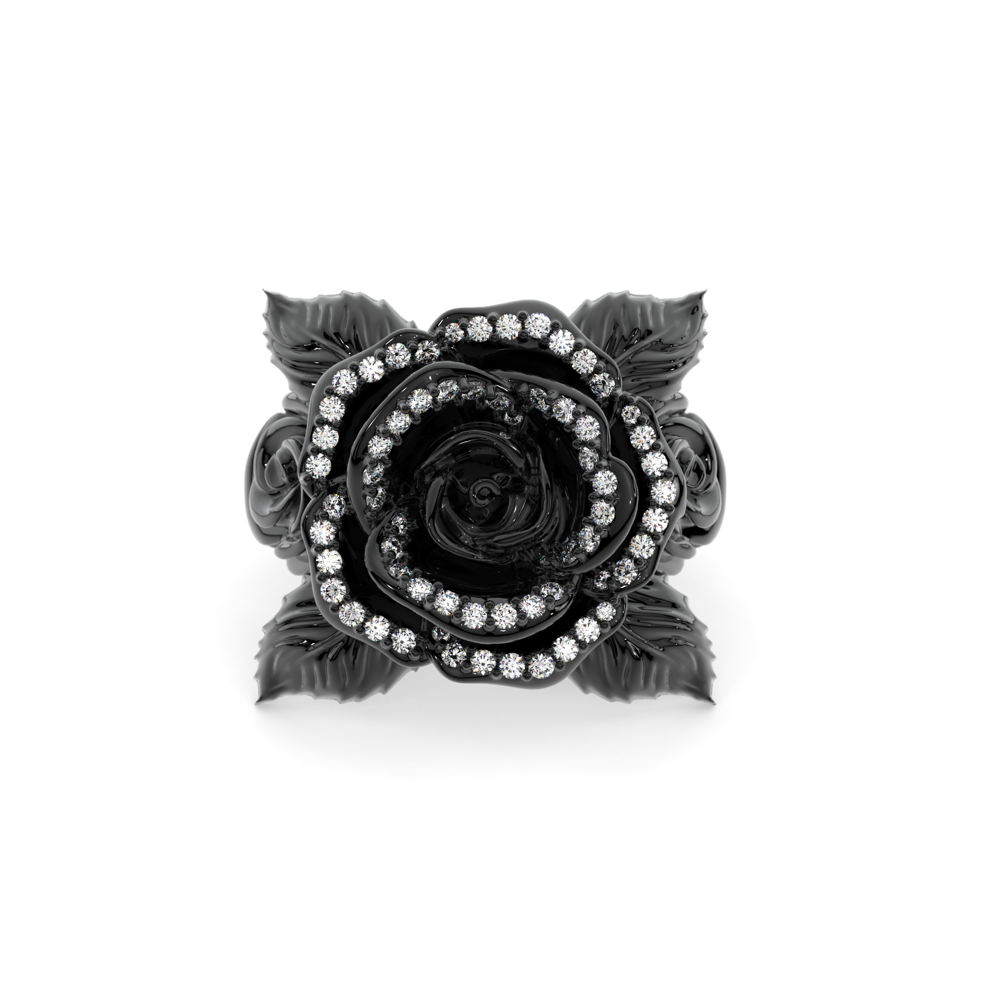 Gothic Rose Ring in black rhodium-plated sterling silver with lab white diamonds, featuring a sculpted black rose and intricate carvings