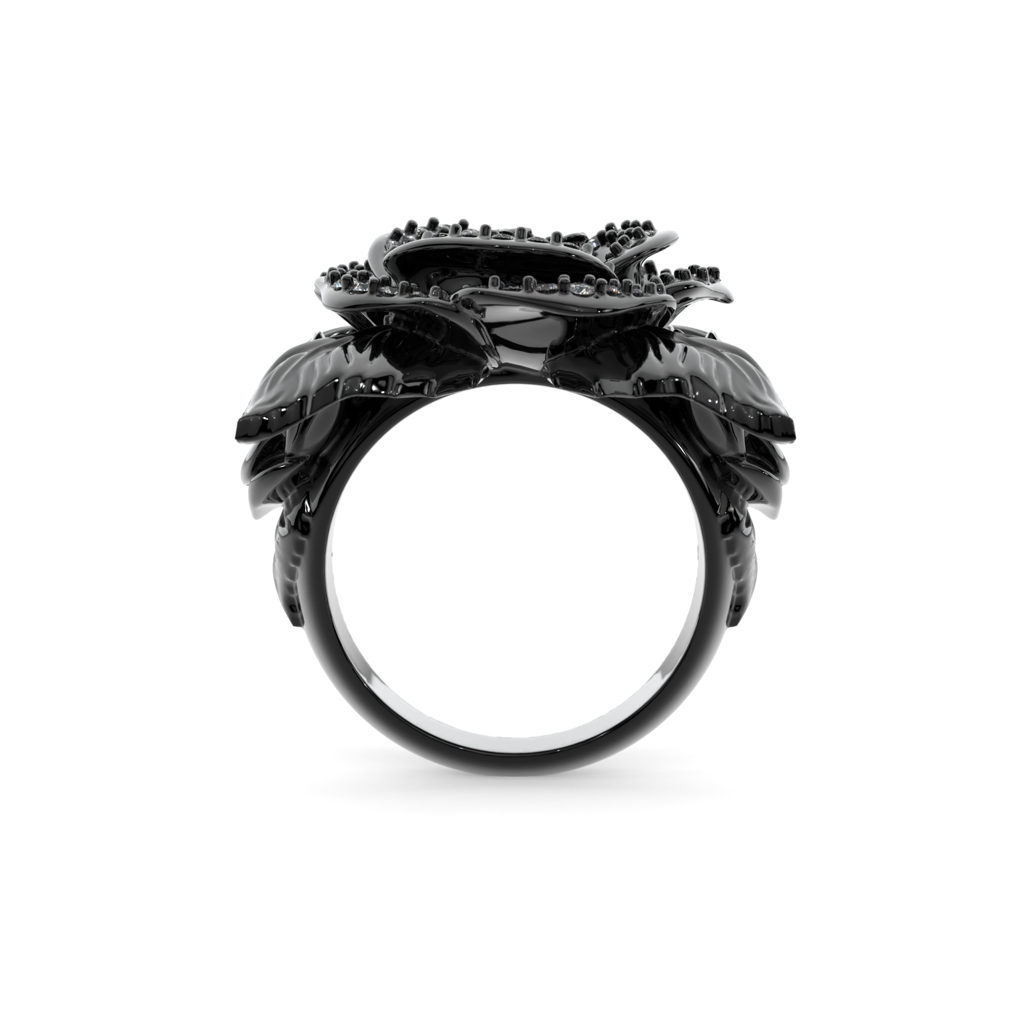 Gothic Rose Ring in black rhodium-plated sterling silver with lab white diamonds, featuring a sculpted black rose and intricate carvings