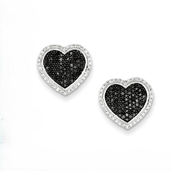 Sterling silver heart-shaped earrings with pavé black diamonds surrounded by white diamonds