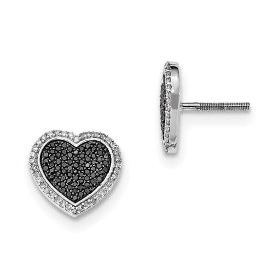 Sterling silver heart-shaped earrings with pavé black diamonds surrounded by white diamonds