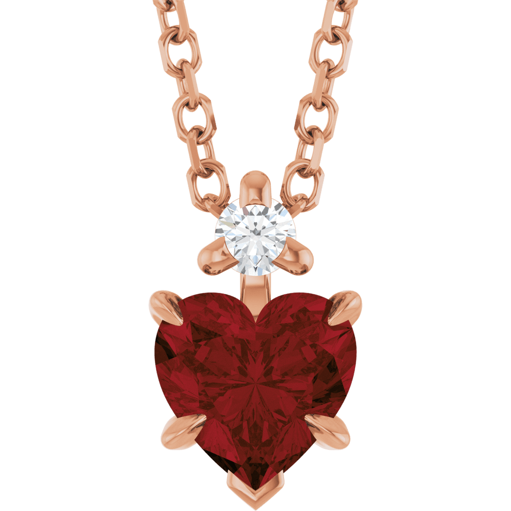 14k rose gold necklace with heart-shaped red Mozambique Garnet and round gemstone, Heart's Desire Necklace