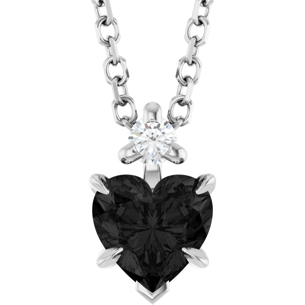 14k white gold necklace with heart-shaped black onyx and round gemstone, Heart's Desire Necklace