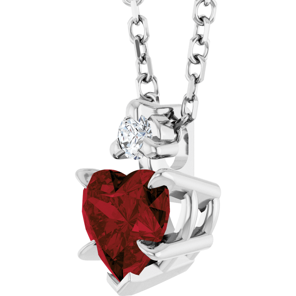 14k white gold necklace with heart-shaped red Mozambique Garnet and round gemstone, Heart's Desire Necklace