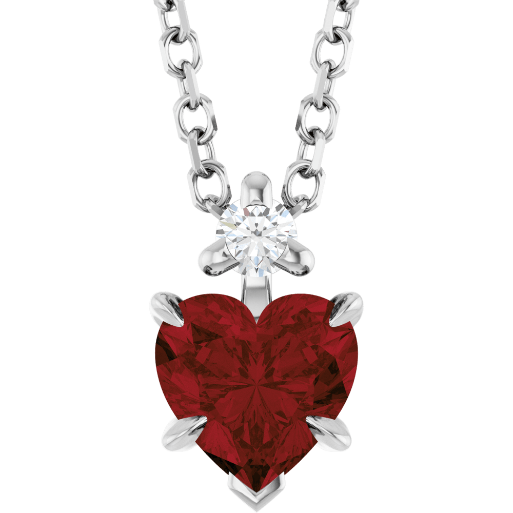 14k white gold necklace with heart-shaped red Mozambique Garnet and round gemstone, Heart's Desire Necklace