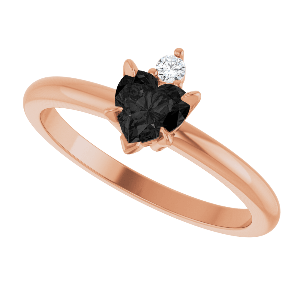 14k rose gold ring with heart-shaped black onyx and round gemstone