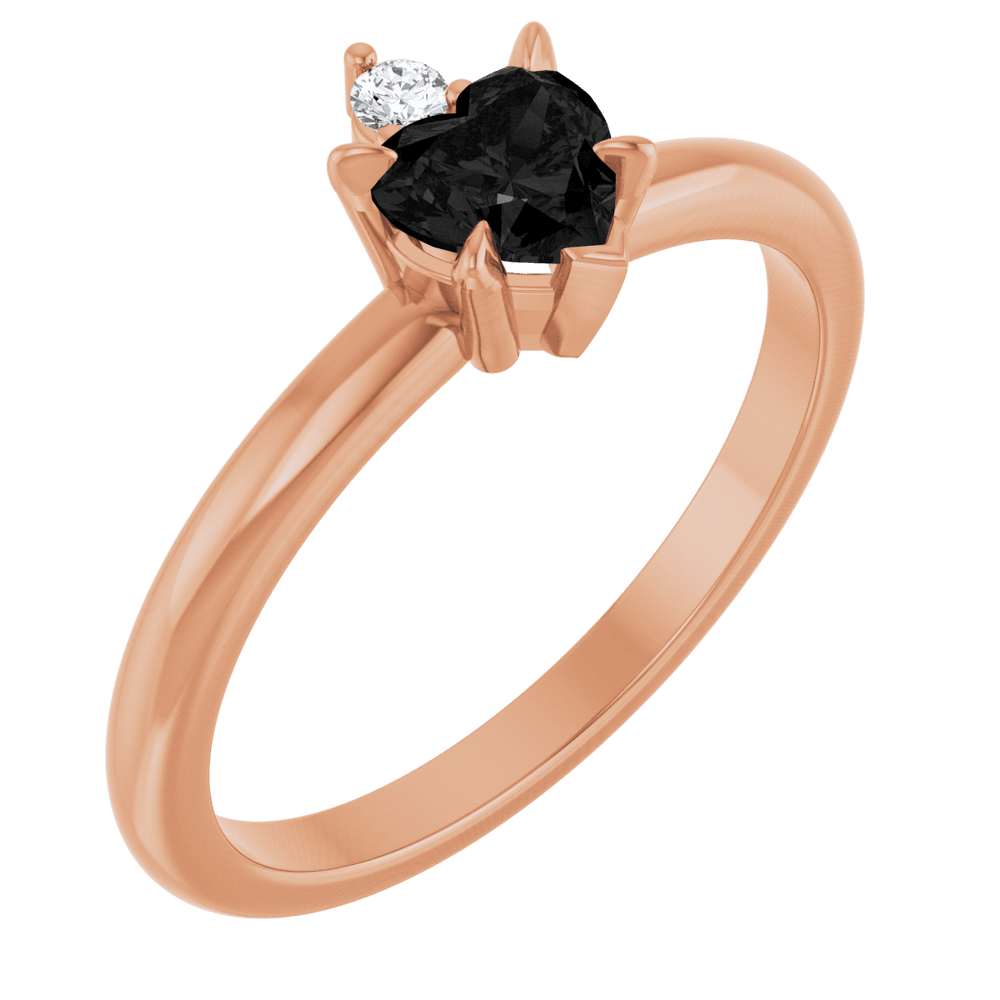 14k rose gold ring with heart-shaped black onyx and round gemstone