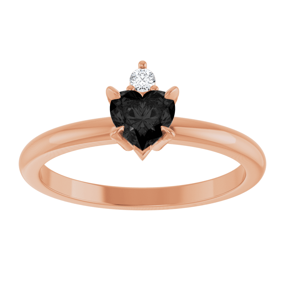 14k rose gold ring with heart-shaped black onyx and round gemstone