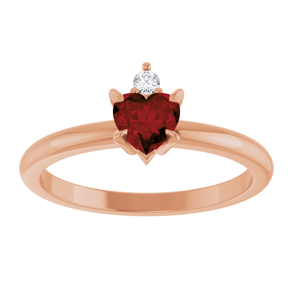 14k rose gold ring with heart-shaped red Mozambique Garnet and round gemstone