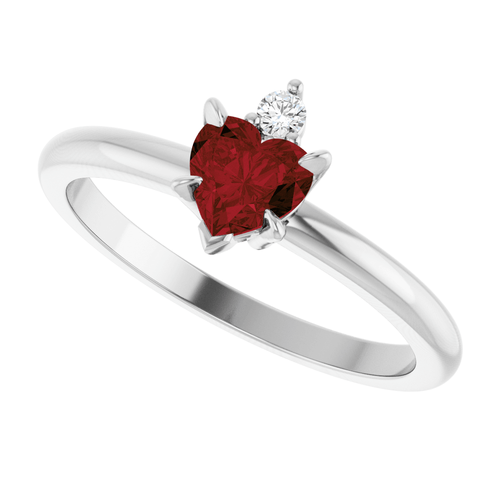 14k white gold ring with heart-shaped red Mozambique Garnet and round gemstone