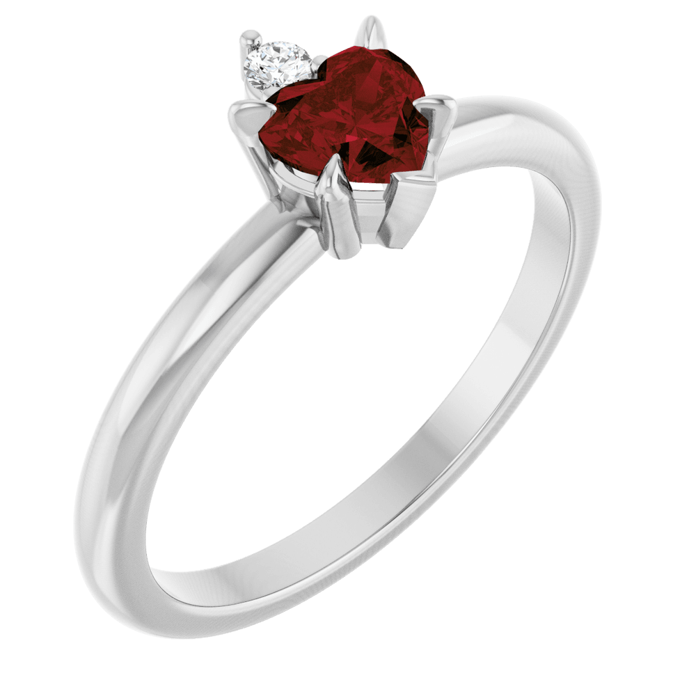 14k white gold ring with heart-shaped red Mozambique Garnet and round gemstone