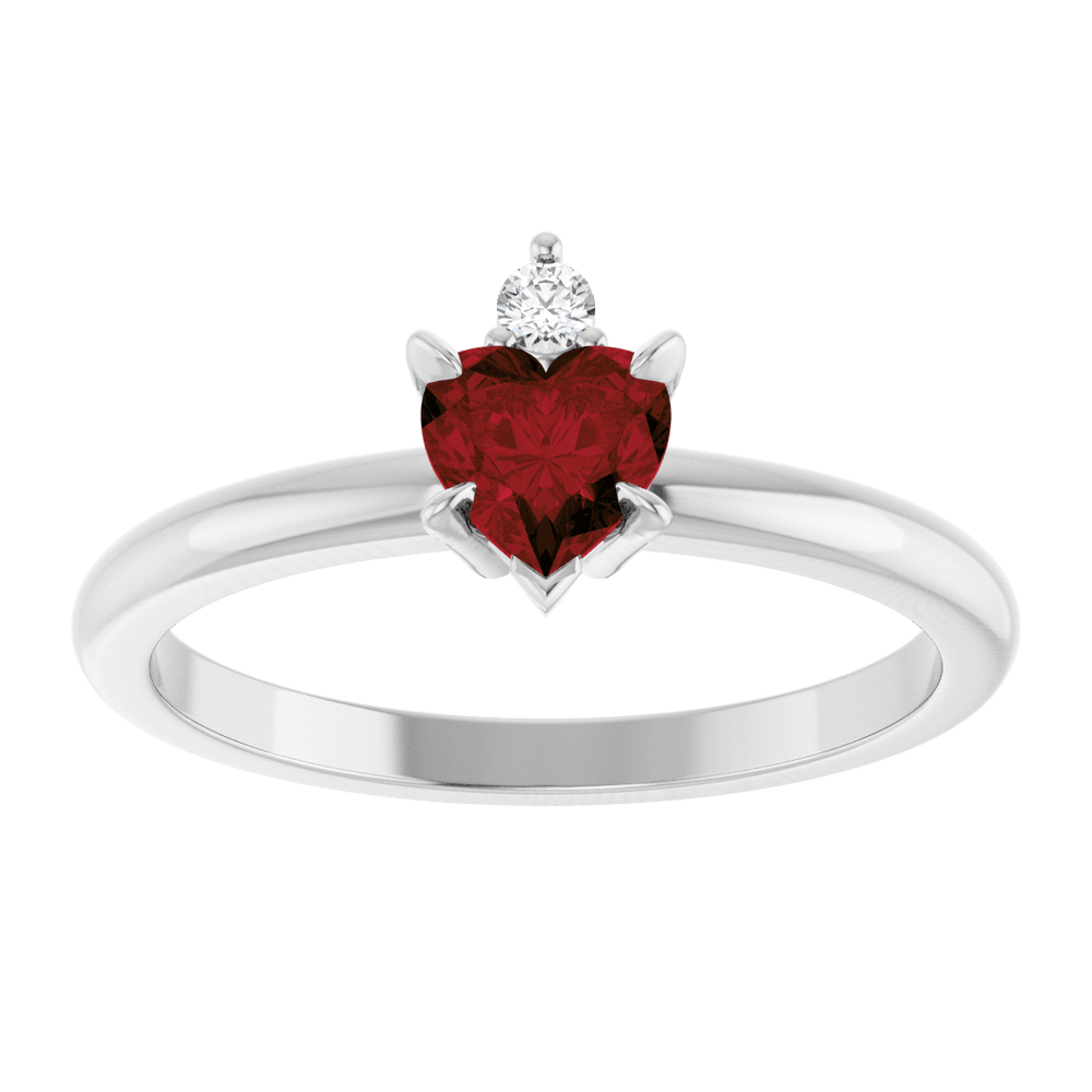 14k white gold ring with heart-shaped red Mozambique Garnet and round gemstone