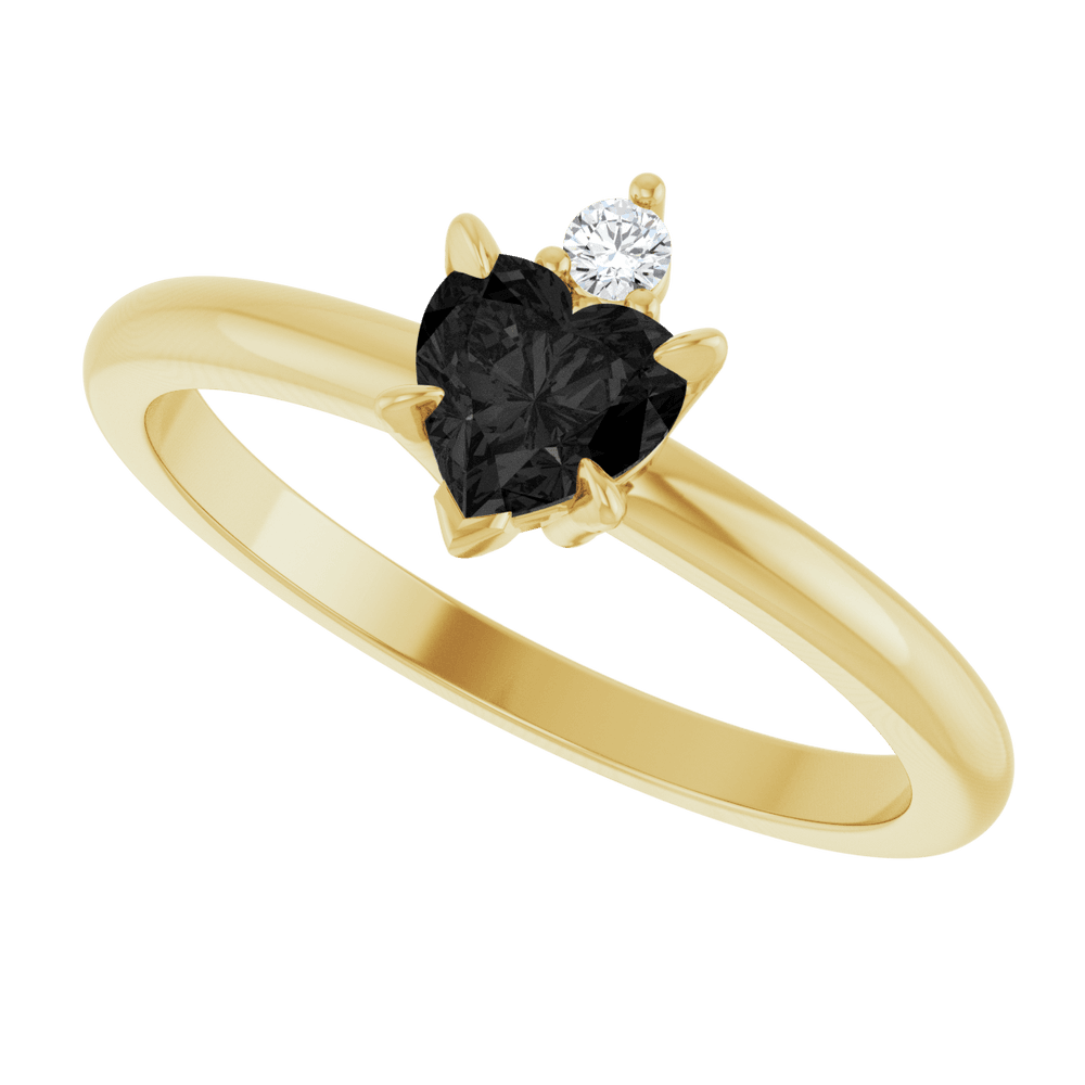 14k yellow gold ring with heart-shaped black onyx and round gemstone