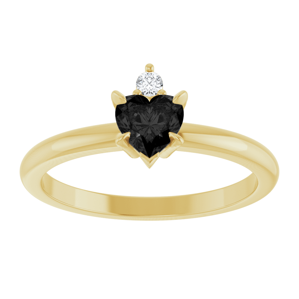 14k yellow gold ring with heart-shaped black onyx and round gemstone