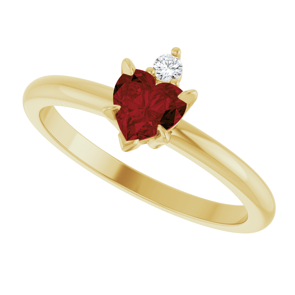 14k yellow gold ring with heart-shaped red Mozambique Garnet and round gemstone