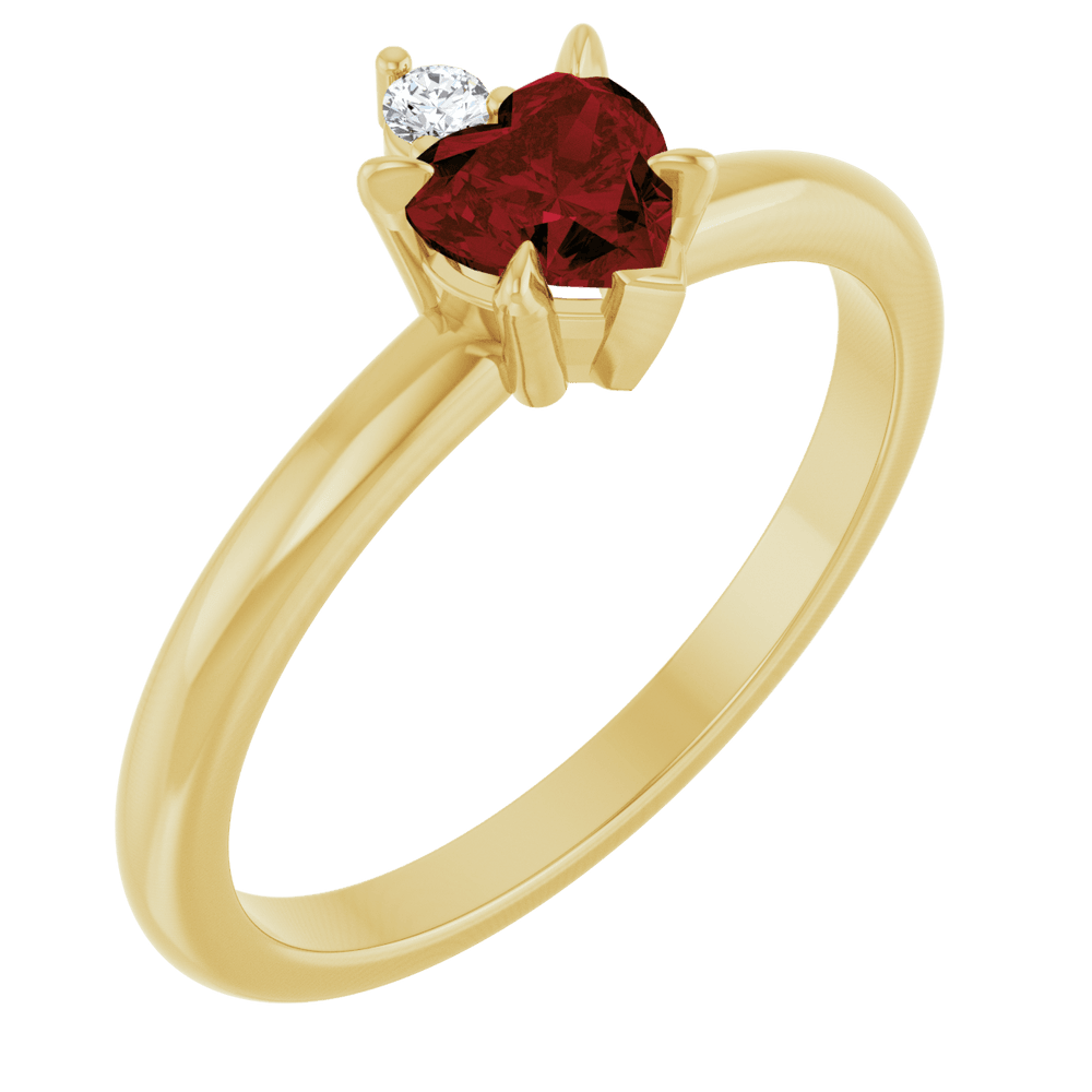 14k yellow gold ring with heart-shaped red Mozambique Garnet and round gemstone