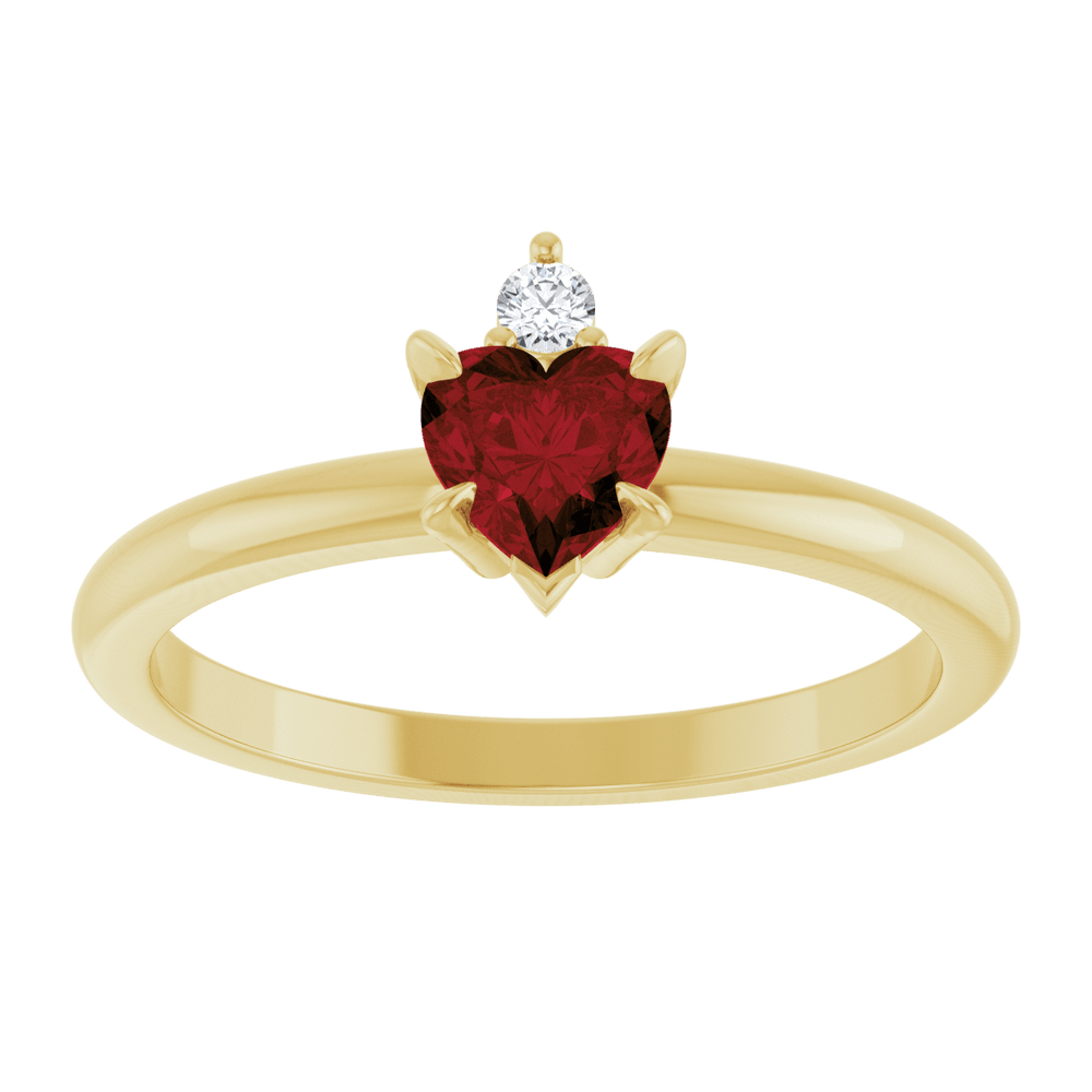 14k yellow gold ring with heart-shaped red Mozambique Garnet and round gemstone