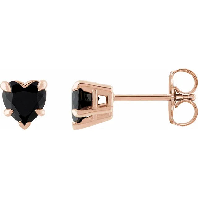 Rose gold stud earrings with black Onyx heart-shaped gemstones